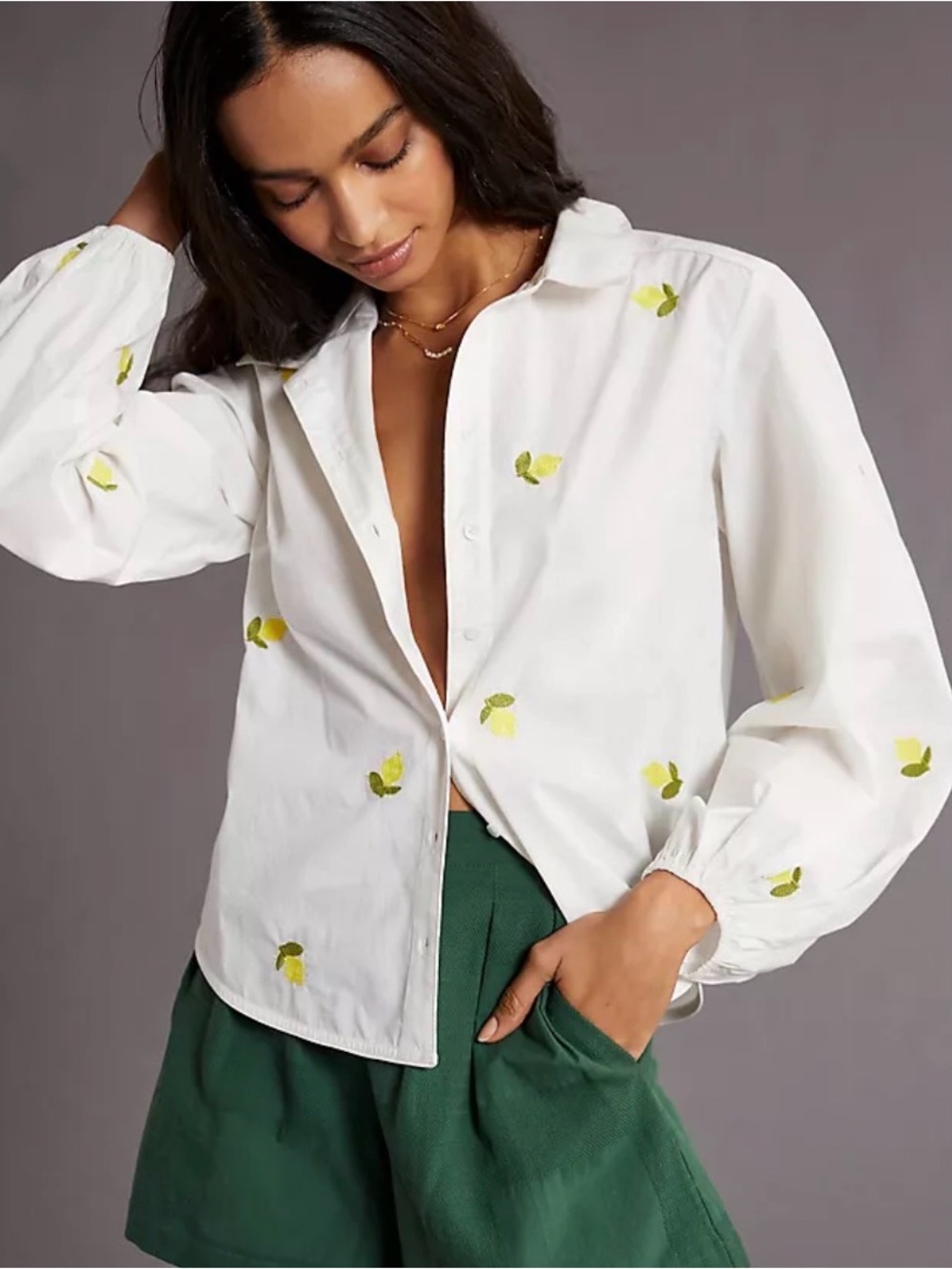 Anthropologie Maeve Embroidered Lemon Button Up Top Peasant Sleeves